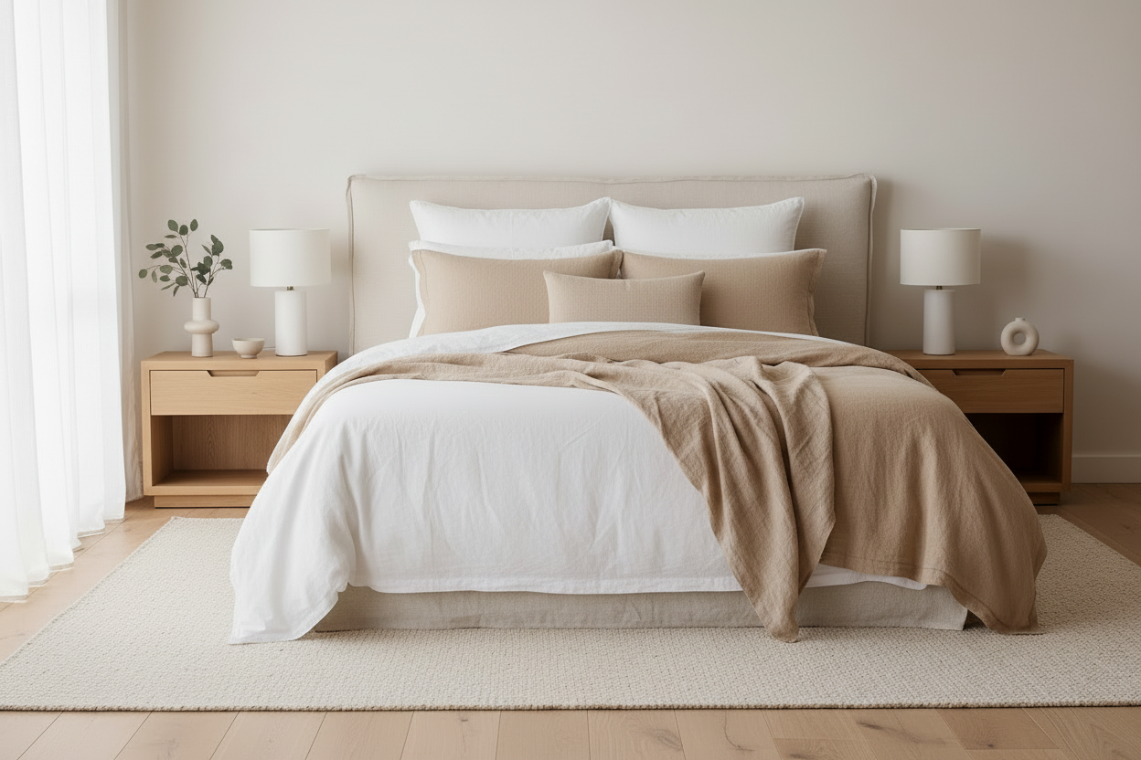 pone los dos almohadondes blacos uno al lado del itri, los dos tostados uno al lado del otro y uno beige mas chico adelante, el resto mantenelo igual